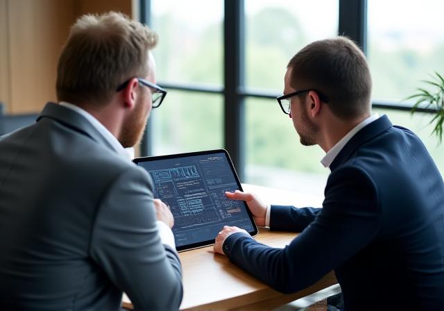 Two professionals discussing financial charts in a luxury boardroom