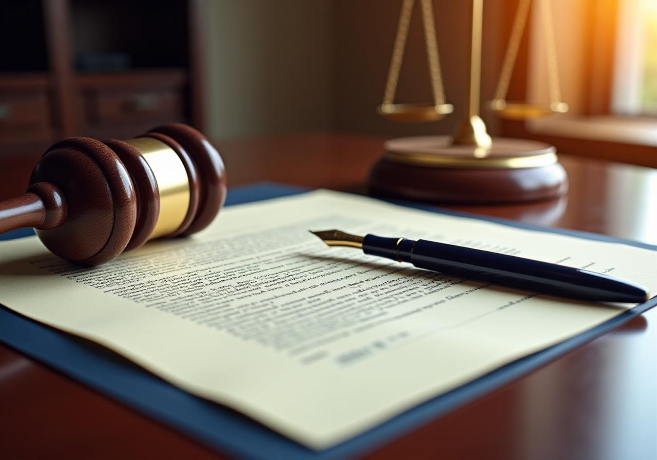 Legal documentation and a gavel on a dark mahogany desk
