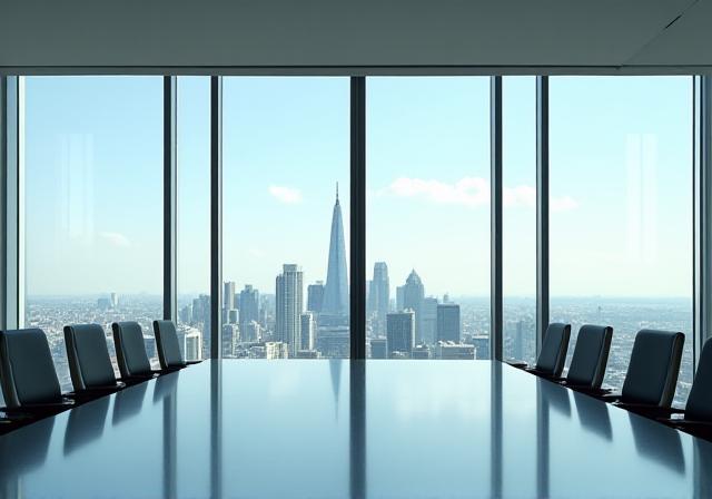 Modern professional boardroom overlooking a city skyline